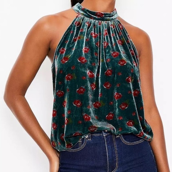 LOFT Tops - Ann Taylor LOFT Green Rose Print Velvet Halter Holiday Top Size XS